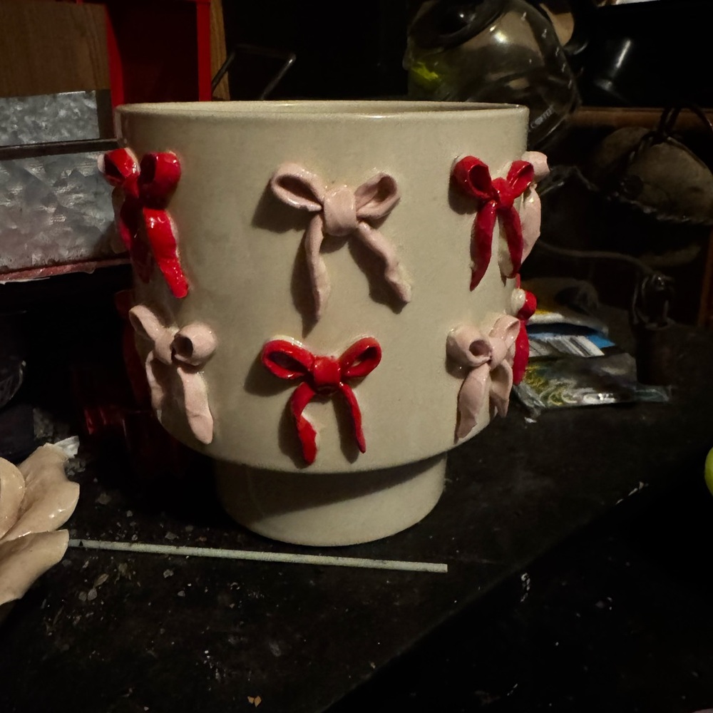 Decorative Ceramic Vase with Red and Pink Bows
